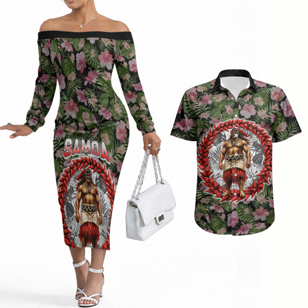 Samoa Aiga Polynesian Couples Matching Off The Shoulder Long Sleeve Dress and Hawaiian Shirt Tropical Floral Hibiscus Pattern Island Heritage TS04 Green Red - Polynesian Pride