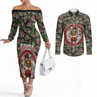 Samoa Aiga Polynesian Couples Matching Off The Shoulder Long Sleeve Dress and Long Sleeve Button Shirt Tropical Floral Hibiscus Pattern Island Heritage TS04 Green Red - Polynesian Pride