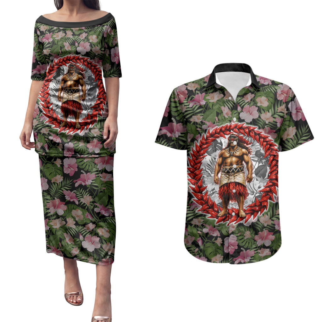 Samoa Aiga Polynesian Couples Matching Puletasi and Hawaiian Shirt Tropical Floral Hibiscus Pattern Island Heritage TS04 Green Red - Polynesian Pride