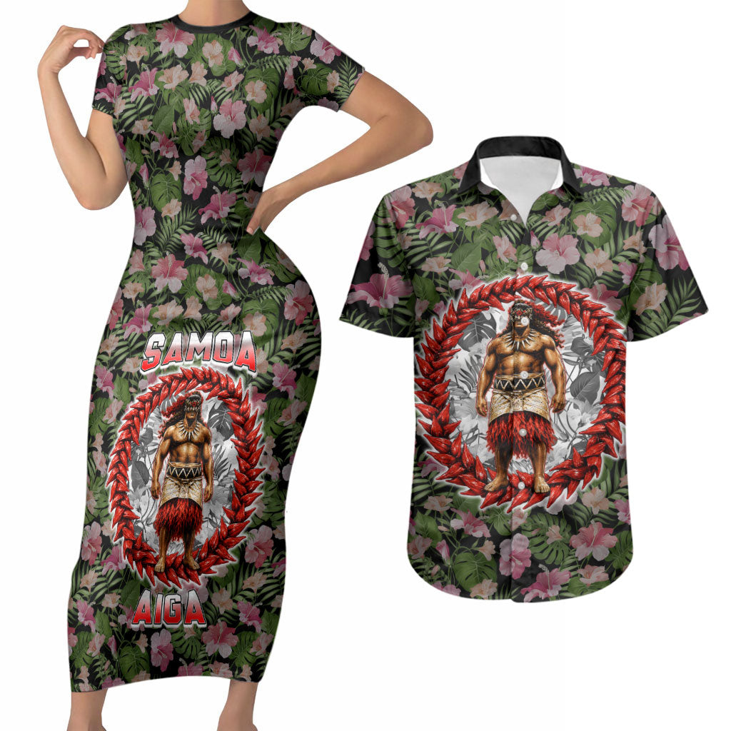 Samoa Aiga Polynesian Couples Matching Short Sleeve Bodycon Dress and Hawaiian Shirt Tropical Floral Hibiscus Pattern Island Heritage TS04 Green Red - Polynesian Pride