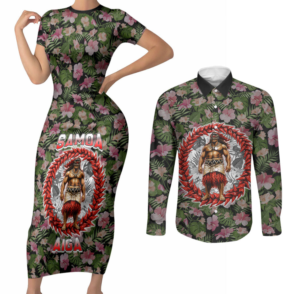Samoa Aiga Polynesian Couples Matching Short Sleeve Bodycon Dress and Long Sleeve Button Shirt Tropical Floral Hibiscus Pattern Island Heritage TS04 Green Red - Polynesian Pride