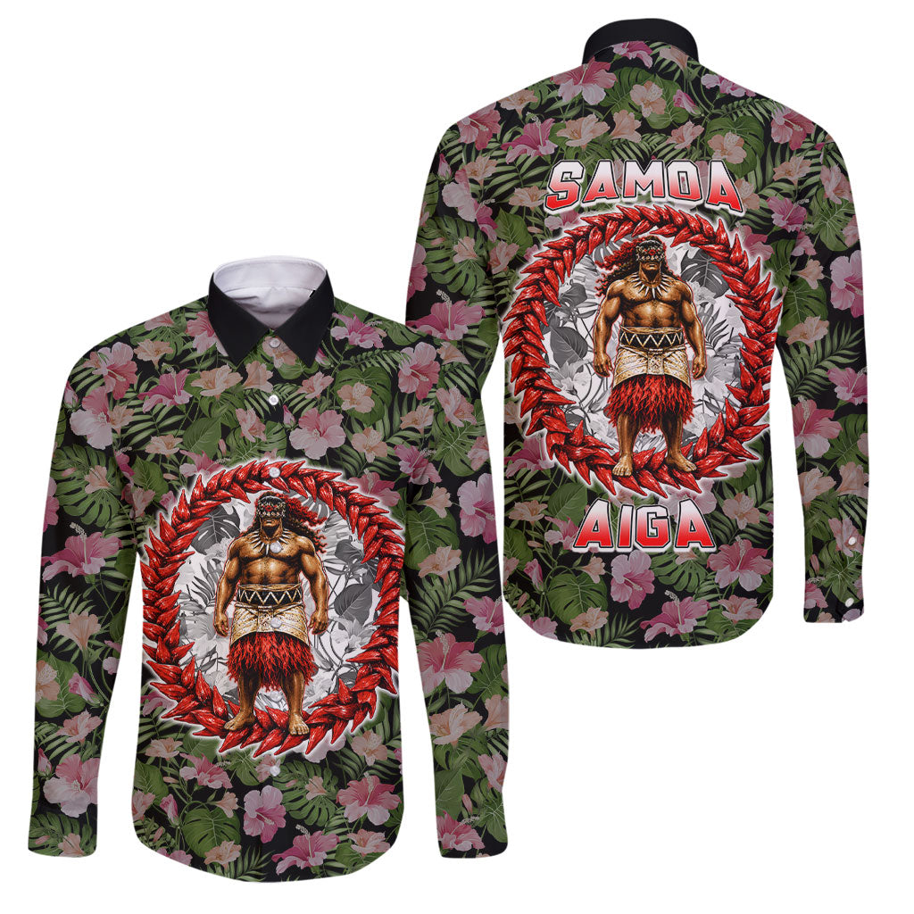 Samoa Aiga Polynesian Family Matching Long Sleeve Bodycon Dress and Hawaiian Shirt Tropical Floral Hibiscus Pattern Island Heritage TS04 Dad's Shirt - Long Sleeve Green Red - Polynesian Pride