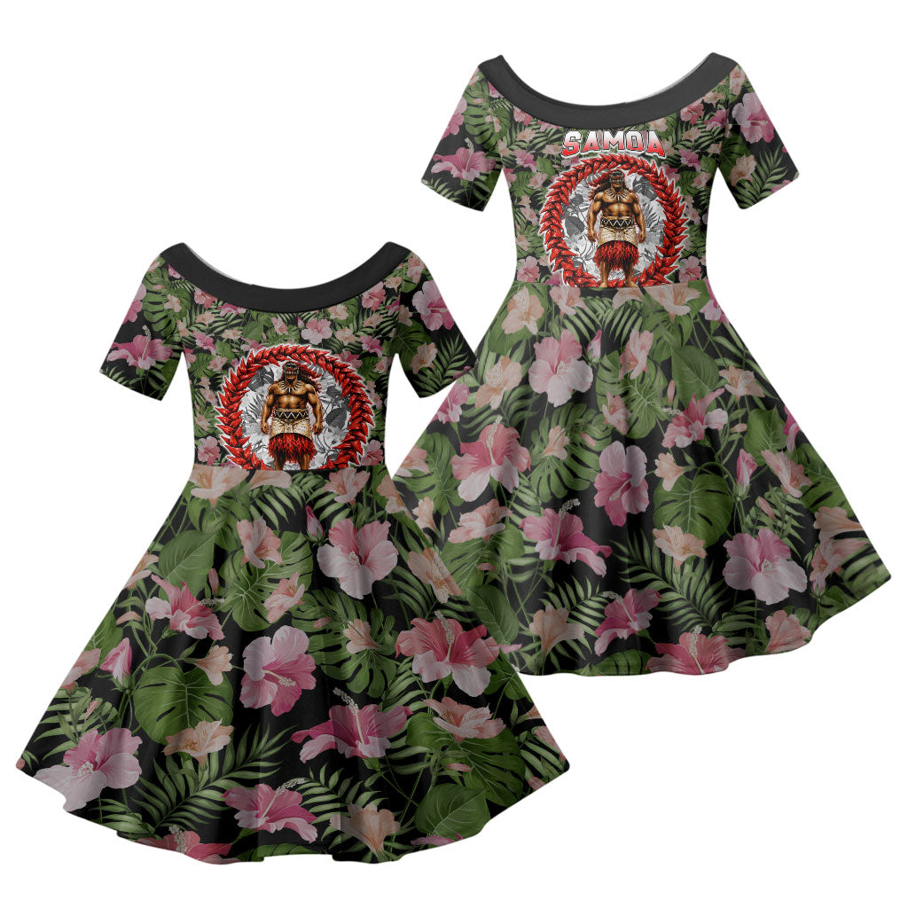 Samoa Aiga Polynesian Family Matching Long Sleeve Bodycon Dress and Hawaiian Shirt Tropical Floral Hibiscus Pattern Island Heritage TS04 Daughter's Dress Green Red - Polynesian Pride