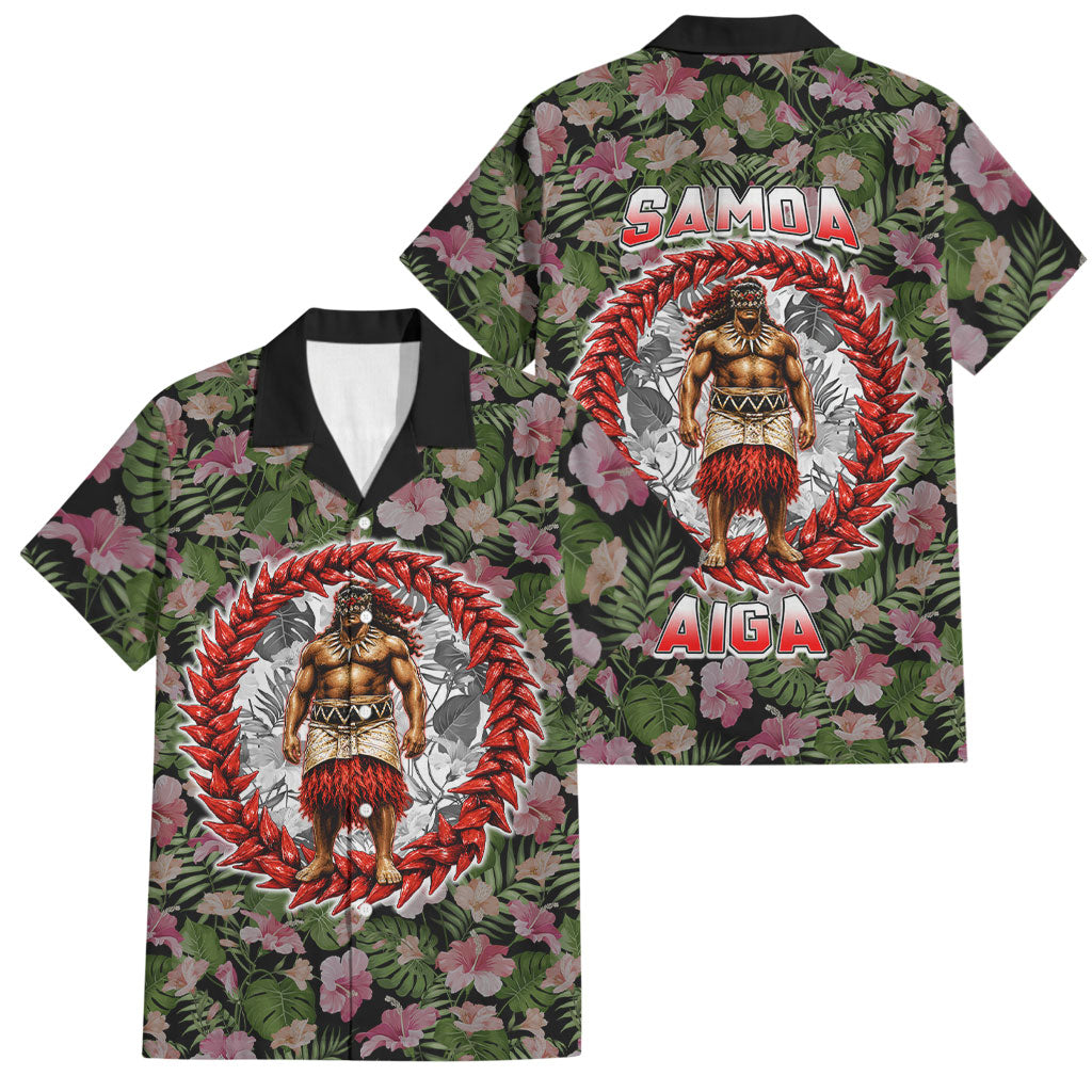 Samoa Aiga Polynesian Family Matching Puletasi and Hawaiian Shirt Tropical Floral Hibiscus Pattern Island Heritage TS04 Dad's Shirt - Short Sleeve Green Red - Polynesian Pride