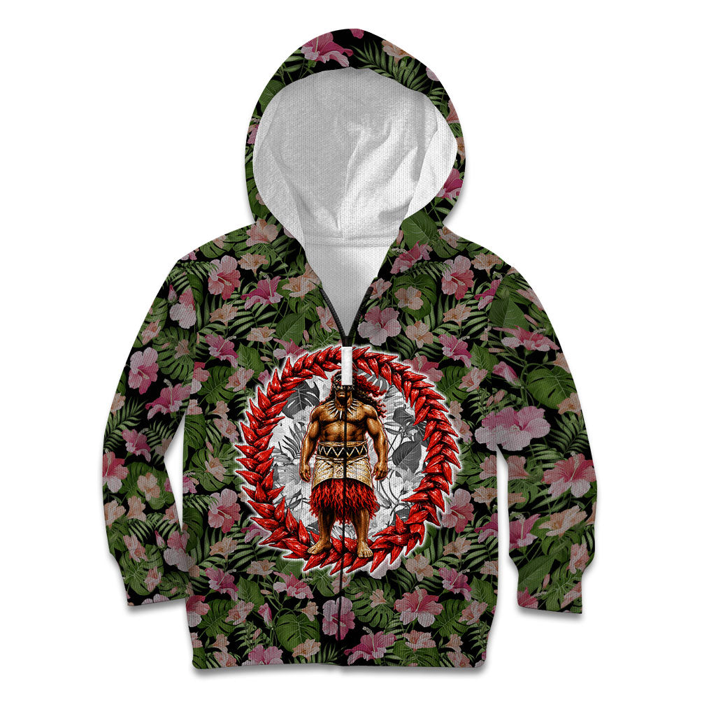 Samoa Aiga Polynesian Kid Hoodie Tropical Floral Hibiscus Pattern Island Heritage TS04 Zip Hoodie Green Red - Polynesian Pride