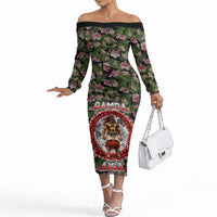 Samoa Aiga Polynesian Off The Shoulder Long Sleeve Dress Tropical Floral Hibiscus Pattern Island Heritage TS04 Women Green Red - Polynesian Pride