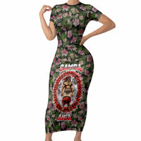 Samoa Aiga Polynesian Short Sleeve Bodycon Dress Tropical Floral Hibiscus Pattern Island Heritage TS04 Long Dress Green Red - Polynesian Pride