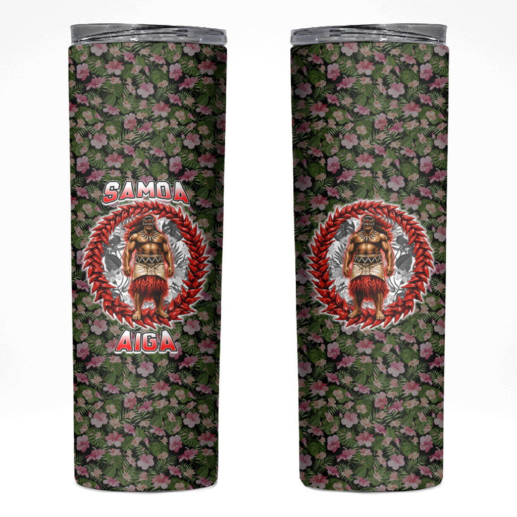 Samoa Aiga Polynesian Skinny Tumbler Tropical Floral Hibiscus Pattern Island Heritage TS04 Green Red - Polynesian Pride