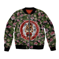 Samoa Aiga Polynesian Sleeve Zip Bomber Jacket Tropical Floral Hibiscus Pattern Island Heritage TS04 Unisex Green Red - Polynesian Pride