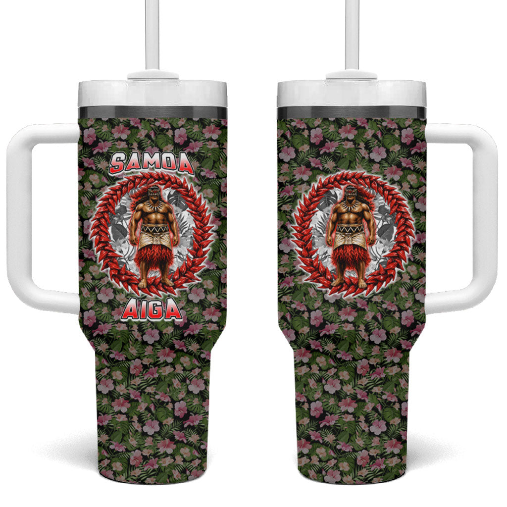 Samoa Aiga Polynesian Tumbler With Handle Tropical Floral Hibiscus Pattern Island Heritage TS04 One Size: 40 oz Green Red - Polynesian Pride