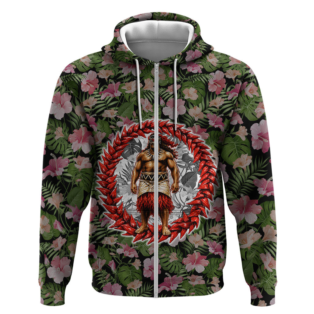 Samoa Aiga Polynesian Zip Hoodie Tropical Floral Hibiscus Pattern Island Heritage TS04 Zip Hoodie Green Red - Polynesian Pride