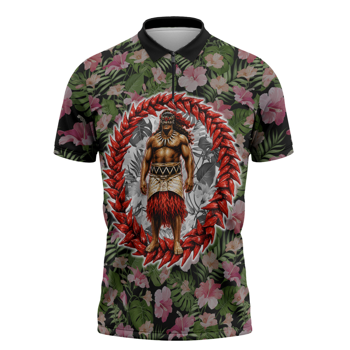 Samoa Aiga Polynesian Zipper Polo Shirt Tropical Floral Hibiscus Pattern Island Heritage TS04 Green Red - Polynesian Pride
