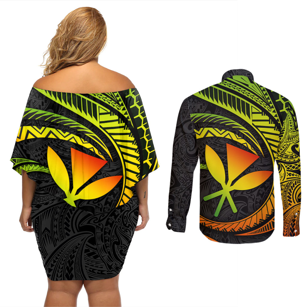 Hawaii Kanaka Maoli Couples Matching Off Shoulder Short Dress and Long Sleeve Button Shirts Polynesian Tornado Infusion Gradient TS04 - Polynesian Pride