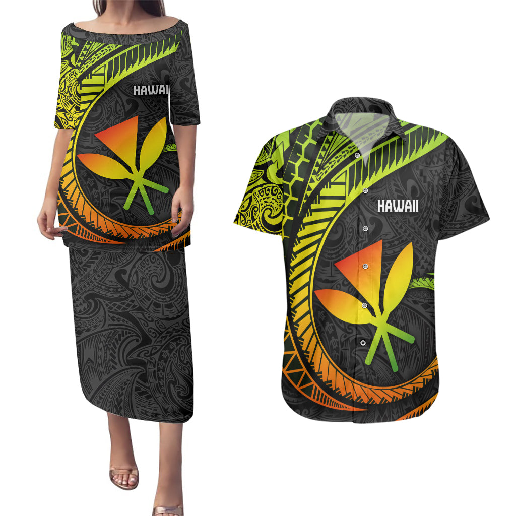 Hawaii Kanaka Maoli Couples Matching Puletasi Dress and Hawaiian Shirt Polynesian Tornado Infusion Gradient TS04 Gradient - Polynesian Pride