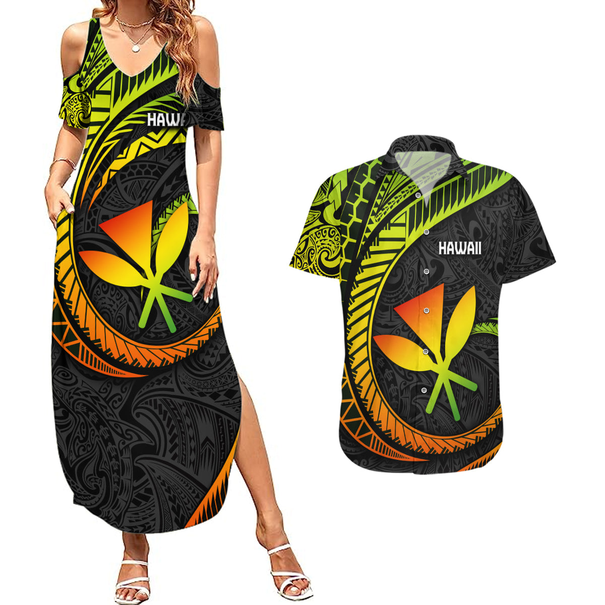 Hawaii Kanaka Maoli Couples Matching Summer Maxi Dress and Hawaiian Shirt Polynesian Tornado Infusion Gradient TS04 Gradient - Polynesian Pride