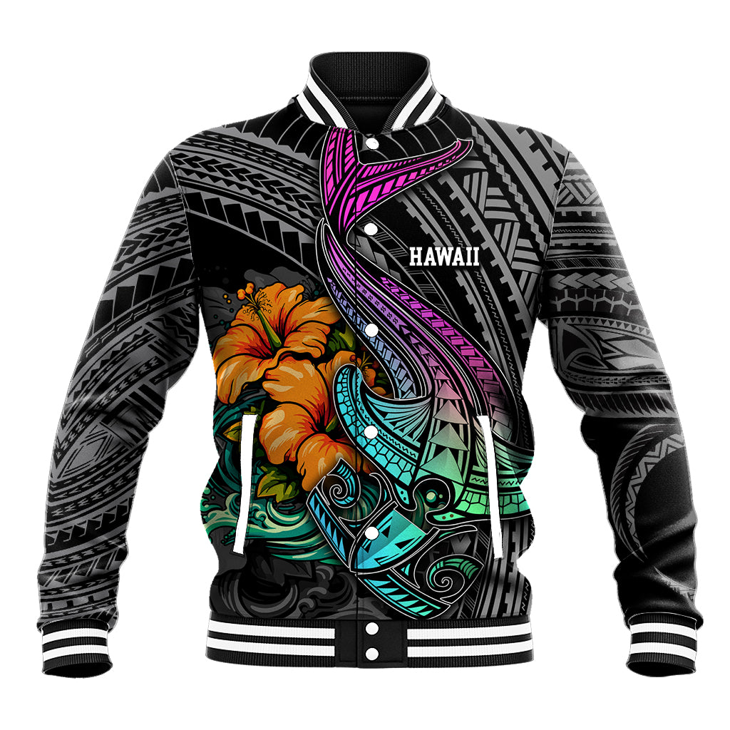 Hawaii Polynesian Baseball Jacket with Tribal Hammerhead Sharks and Hibiscus Black TS04 Unisex Black - Polynesian Pride