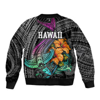 Hawaii Polynesian Bomber Jacket with Tribal Hammerhead Sharks and Hibiscus Black TS04 - Polynesian Pride