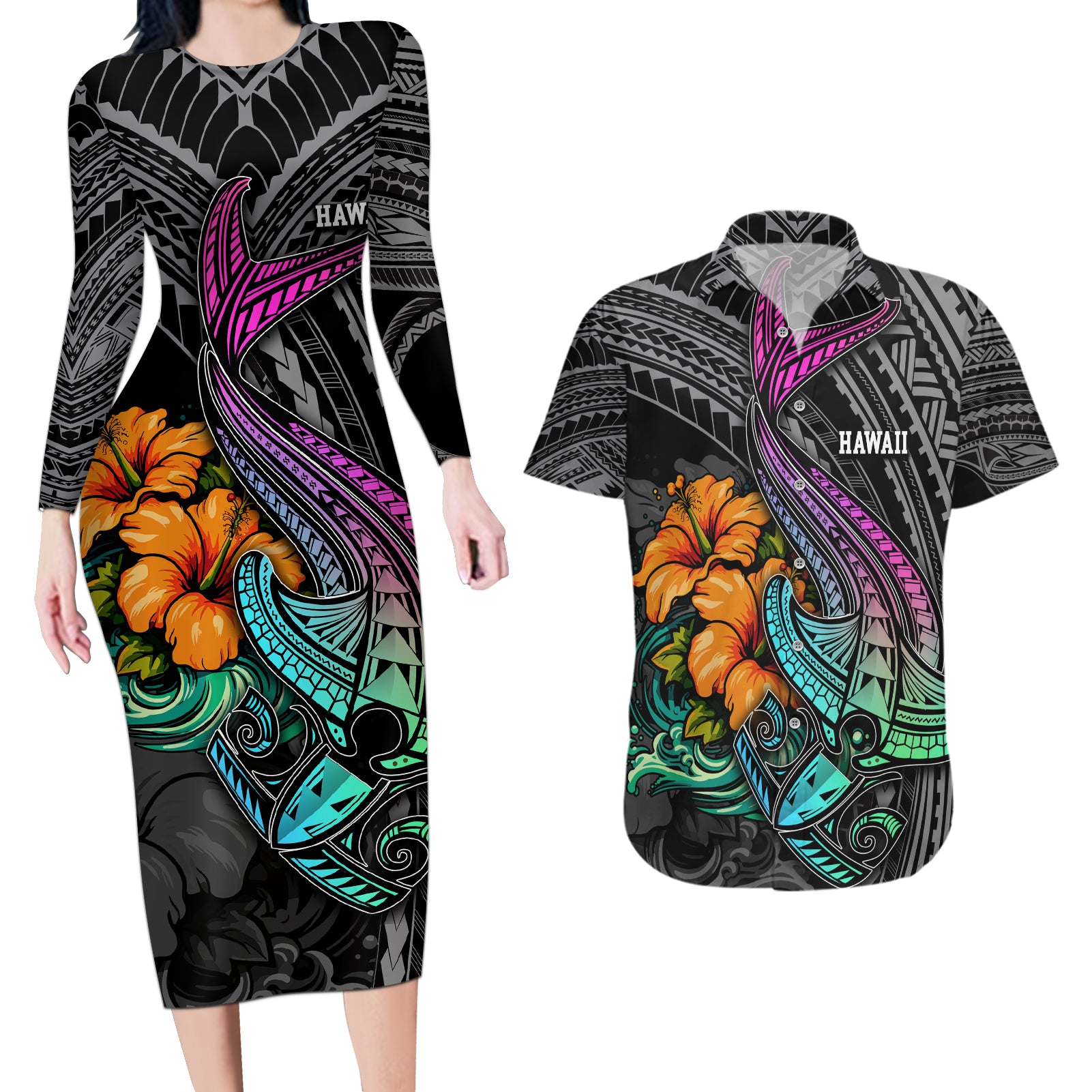 Hawaii Polynesian Couples Matching Long Sleeve Bodycon Dress and Hawaiian Shirt with Tribal Hammerhead Sharks and Hibiscus Black TS04 Black - Polynesian Pride