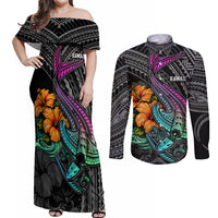 Hawaii Polynesian Couples Matching Off Shoulder Maxi Dress and Long Sleeve Button Shirt with Tribal Hammerhead Sharks and Hibiscus Black TS04 Black - Polynesian Pride