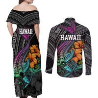 Hawaii Polynesian Couples Matching Off Shoulder Maxi Dress and Long Sleeve Button Shirt with Tribal Hammerhead Sharks and Hibiscus Black TS04 - Polynesian Pride