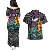 Hawaii Polynesian Couples Matching Puletasi Dress and Hawaiian Shirt with Tribal Hammerhead Sharks and Hibiscus Black TS04 - Polynesian Pride