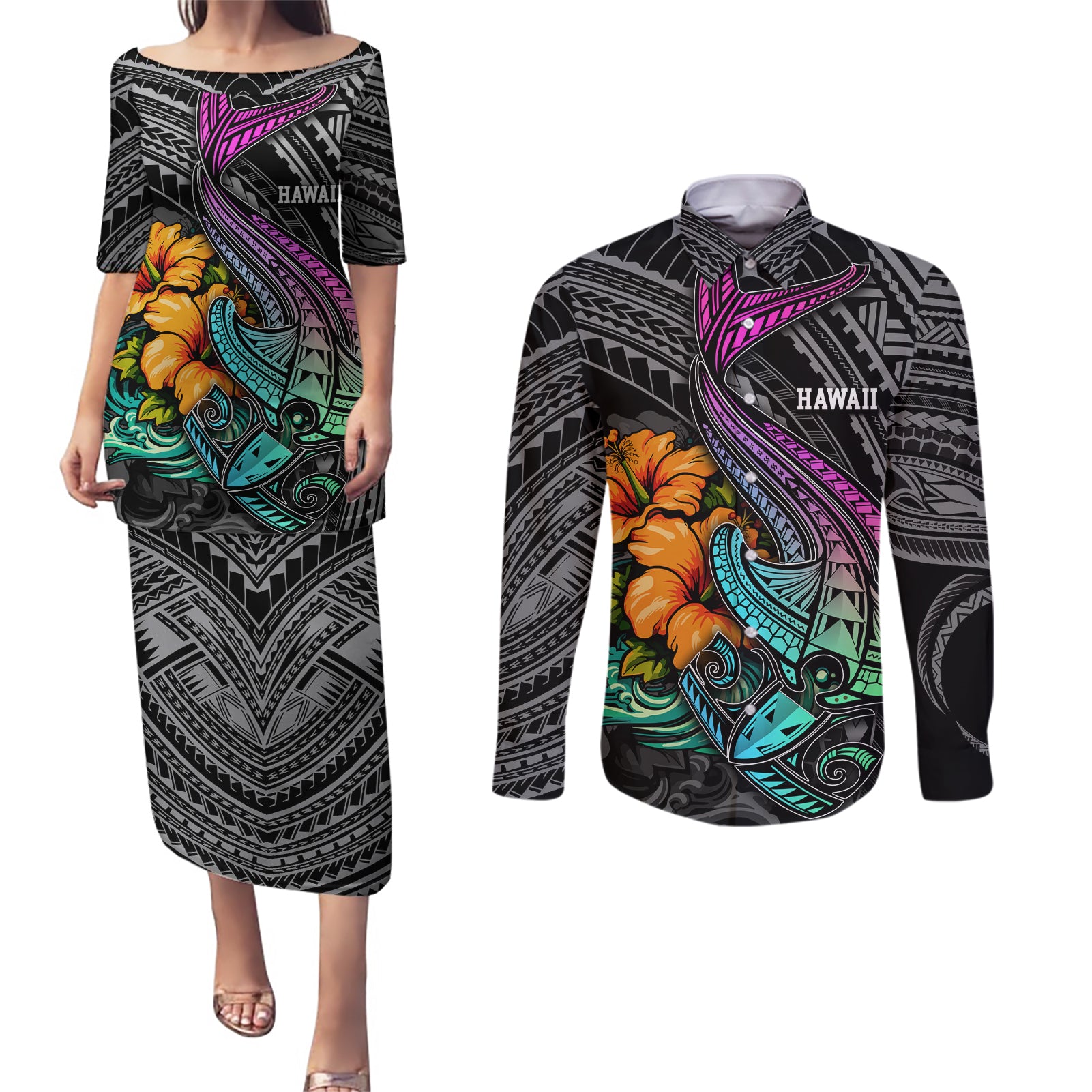 Hawaii Polynesian Couples Matching Puletasi Dress and Long Sleeve Button Shirt with Tribal Hammerhead Sharks and Hibiscus Black TS04 Black - Polynesian Pride