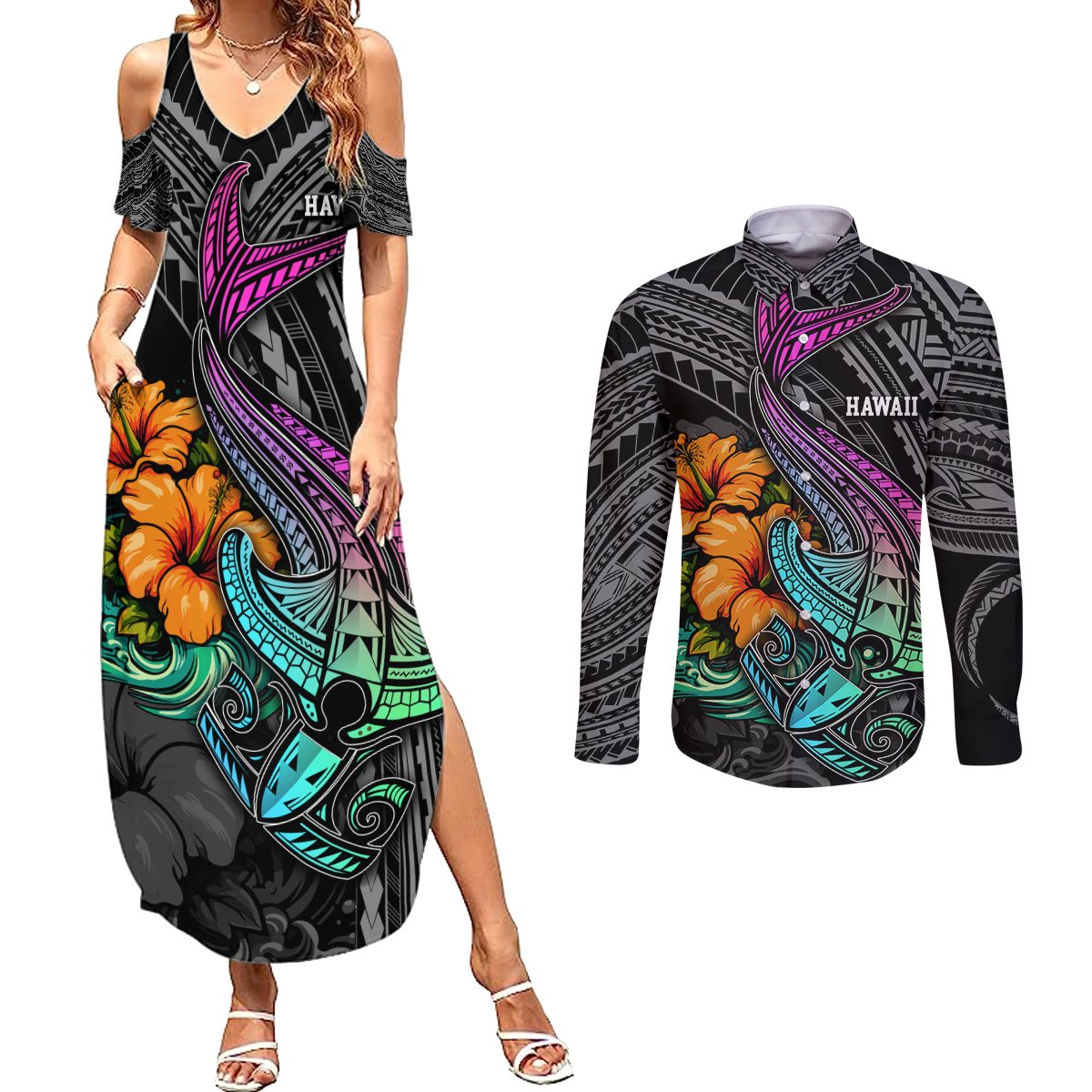 Hawaii Polynesian Couples Matching Summer Maxi Dress and Long Sleeve Button Shirt with Tribal Hammerhead Sharks and Hibiscus Black TS04 Black - Polynesian Pride