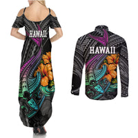 Hawaii Polynesian Couples Matching Summer Maxi Dress and Long Sleeve Button Shirt with Tribal Hammerhead Sharks and Hibiscus Black TS04 - Polynesian Pride