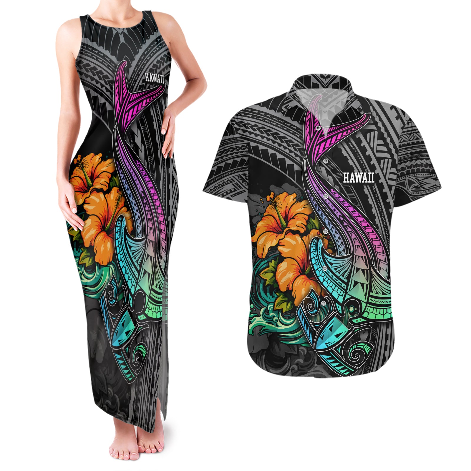Hawaii Polynesian Couples Matching Tank Maxi Dress and Hawaiian Shirt with Tribal Hammerhead Sharks and Hibiscus Black TS04 Black - Polynesian Pride