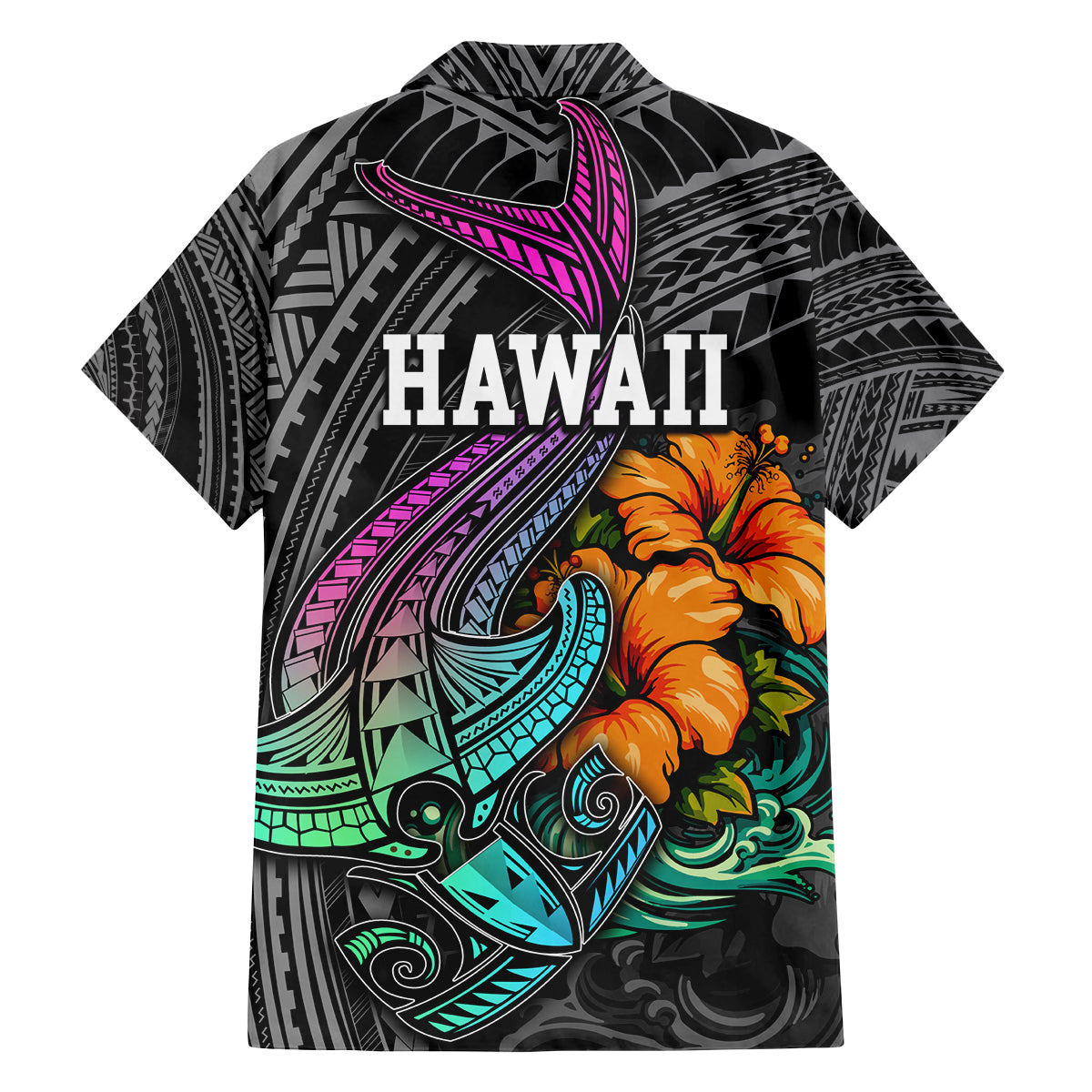 Hawaii Polynesian Family Matching Off Shoulder Short Dress and Hawaiian Shirt with Tribal Hammerhead Sharks and Hibiscus Black TS04 - Polynesian Pride