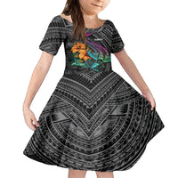 Hawaii Polynesian Family Matching Summer Maxi Dress and Hawaiian Shirt with Tribal Hammerhead Sharks and Hibiscus Black TS04 Daughter's Dress Black - Polynesian Pride
