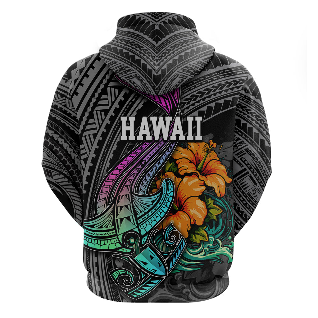 Hawaii Polynesian Hoodie with Tribal Hammerhead Sharks and Hibiscus Black TS04 - Polynesian Pride