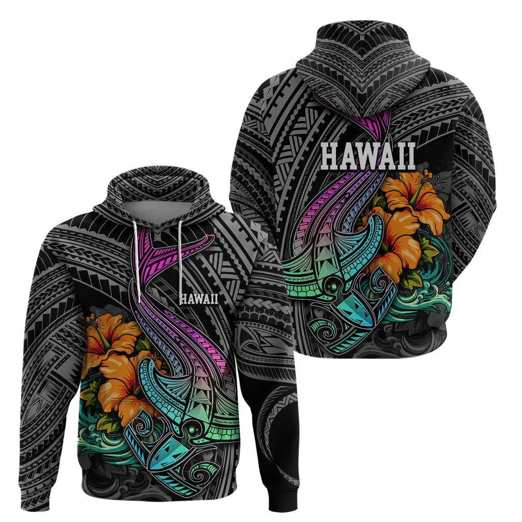 Hawaii Polynesian Hoodie with Tribal Hammerhead Sharks and Hibiscus Black TS04 - Polynesian Pride