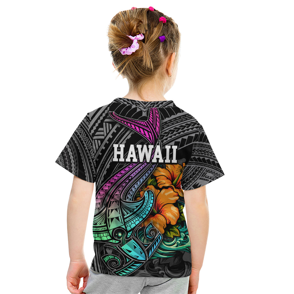 Hawaii Polynesian Kid T Shirt with Tribal Hammerhead Sharks and Hibiscus Black TS04 - Polynesian Pride
