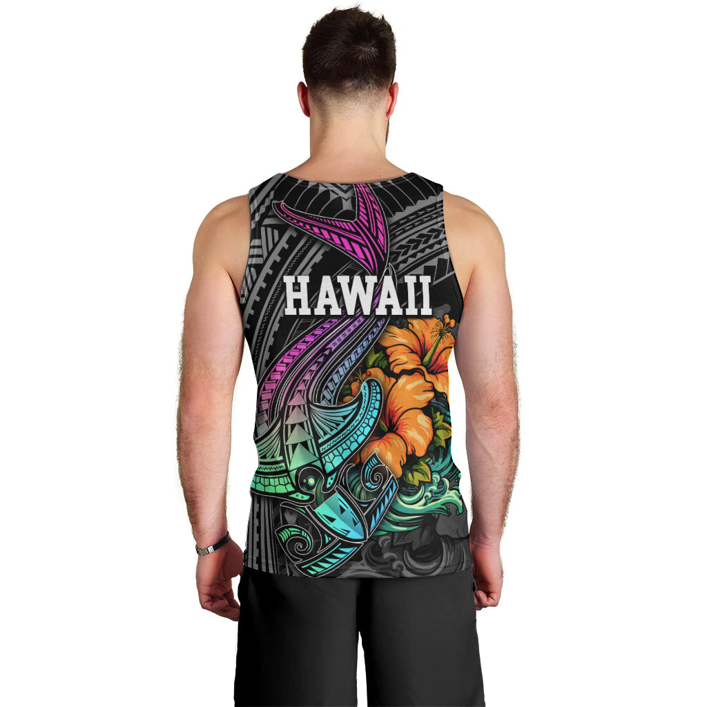 Hawaii Polynesian Men Tank Top with Tribal Hammerhead Sharks and Hibiscus Black TS04 - Polynesian Pride