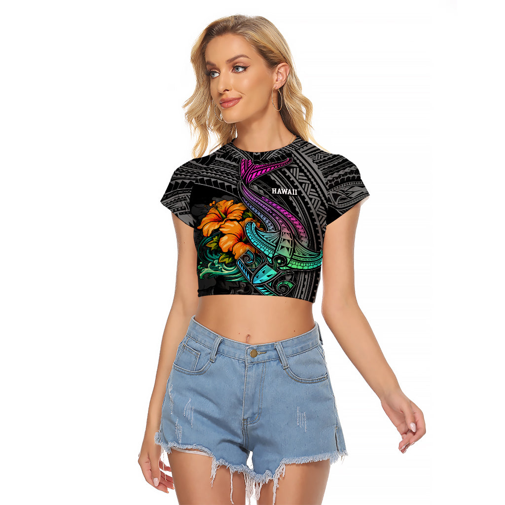 Hawaii Polynesian Raglan Cropped T Shirt with Tribal Hammerhead Sharks and Hibiscus Black TS04 Female Black - Polynesian Pride