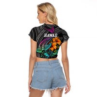 Hawaii Polynesian Raglan Cropped T Shirt with Tribal Hammerhead Sharks and Hibiscus Black TS04 - Polynesian Pride