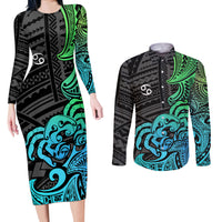Zodiac Cancer Couples Matching Long Sleeve Bodycon Dress and Long Sleeve Button Shirts Polynesian in Gradient Blue TS04 Gradient Blue - Polynesian Pride