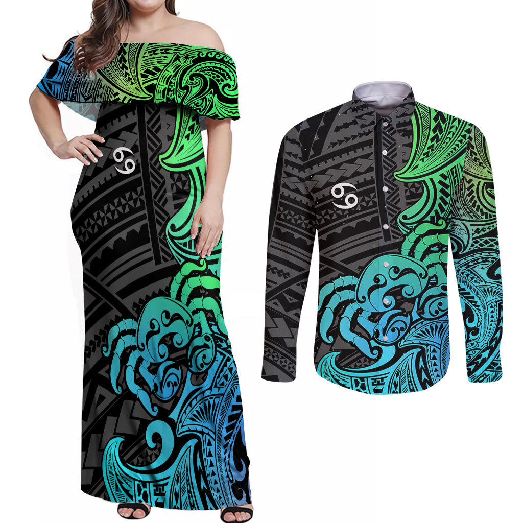 Zodiac Cancer Couples Matching Off Shoulder Maxi Dress and Long Sleeve Button Shirts Polynesian in Gradient Blue TS04 Gradient Blue - Polynesian Pride
