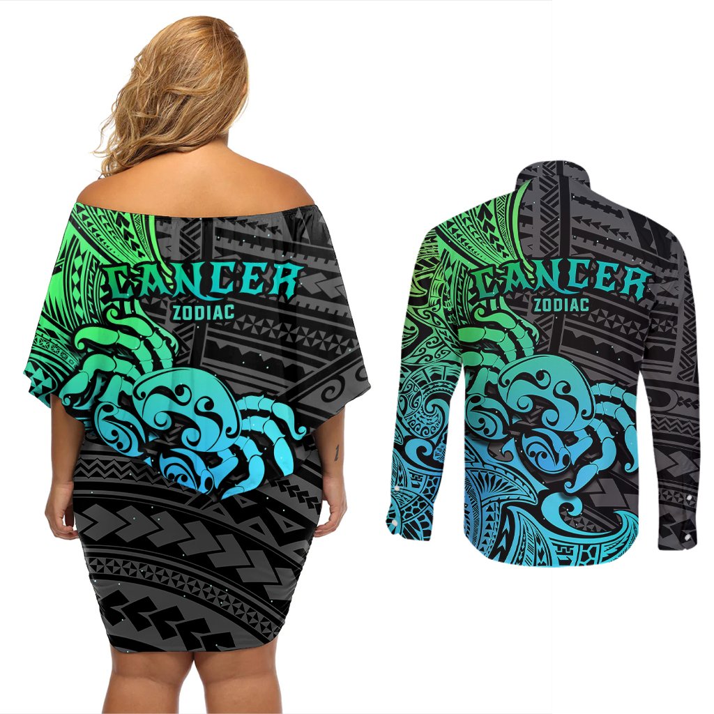 Zodiac Cancer Couples Matching Off Shoulder Short Dress and Long Sleeve Button Shirts Polynesian in Gradient Blue TS04 - Polynesian Pride