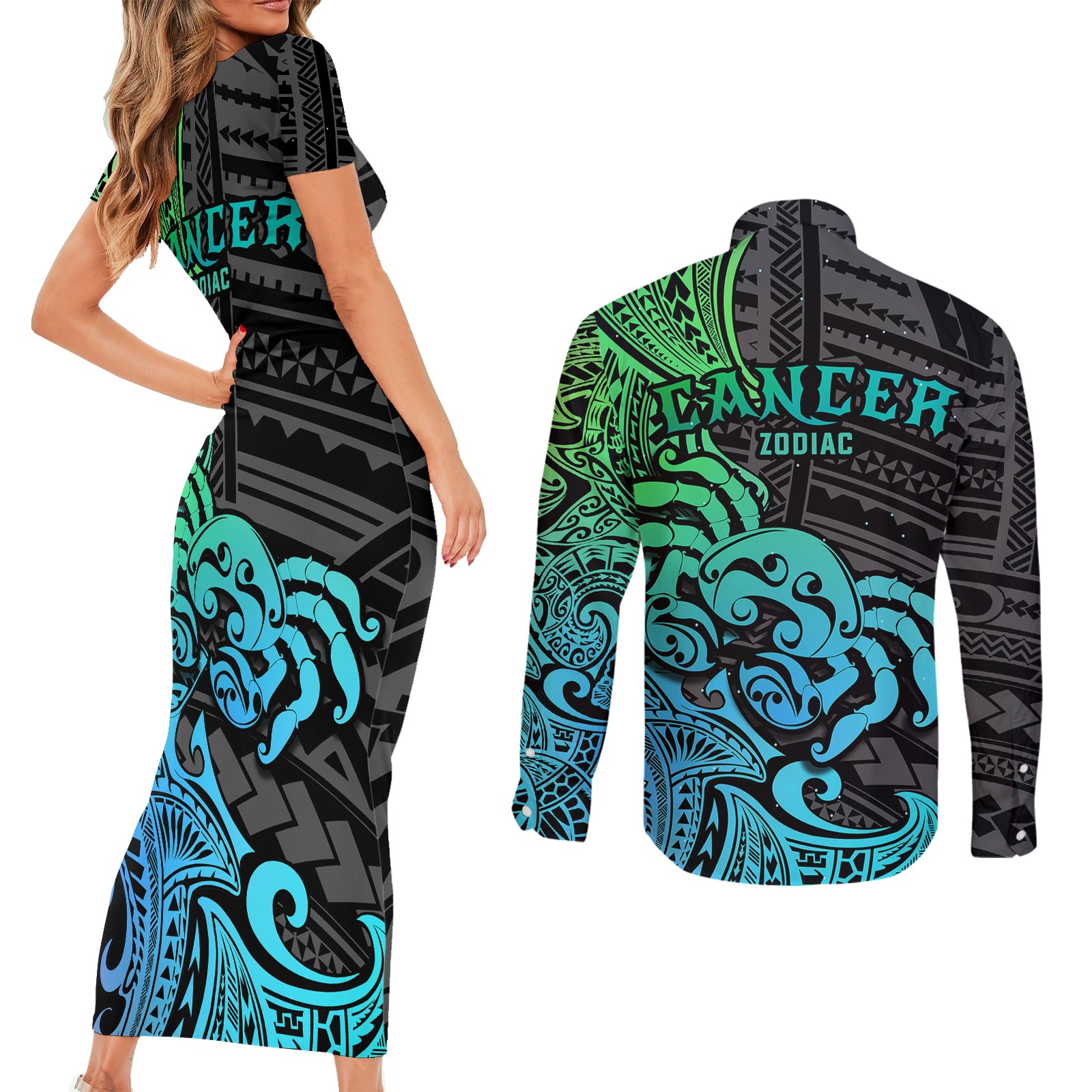 Zodiac Cancer Couples Matching Short Sleeve Bodycon Dress and Long Sleeve Button Shirts Polynesian in Gradient Blue TS04 - Polynesian Pride