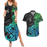 Zodiac Cancer Couples Matching Summer Maxi Dress and Hawaiian Shirt Polynesian in Gradient Blue TS04 Gradient Blue - Polynesian Pride