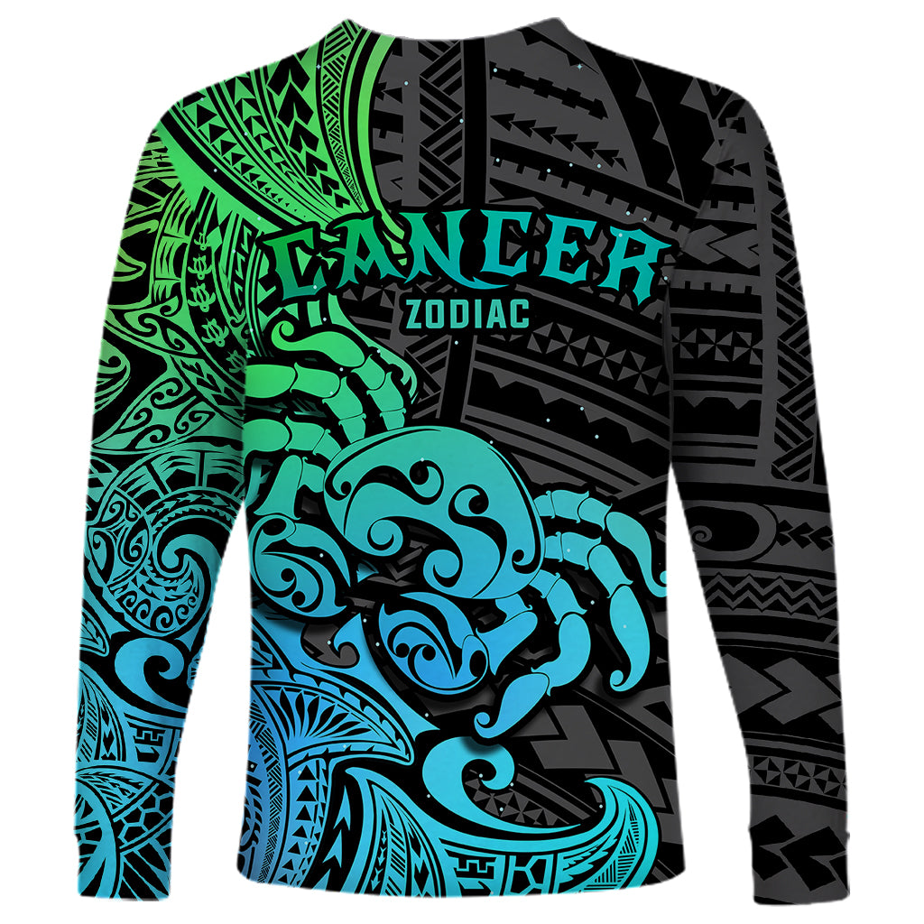 Zodiac Cancer Long Sleeve Shirt Polynesian in Gradient Blue TS04 - Polynesian Pride