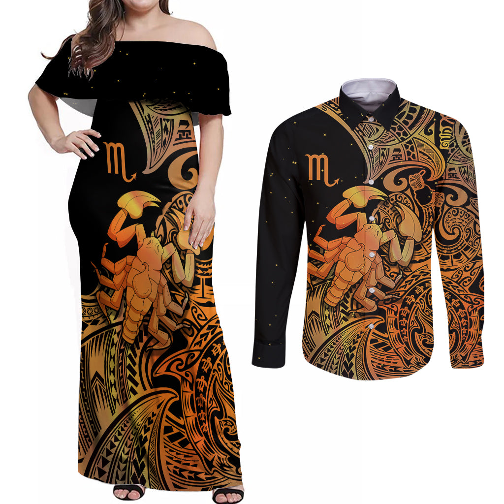 Zodiac Scorpio Couples Matching Off Shoulder Maxi Dress and Long Sleeve Button Shirts Polynesian in Orange TS04 Orange - Polynesian Pride