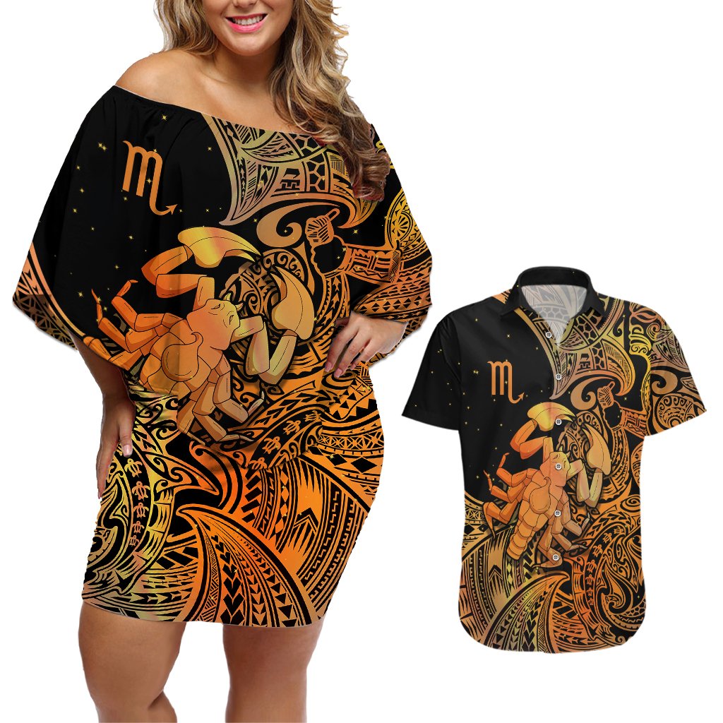 Zodiac Scorpio Couples Matching Off Shoulder Short Dress and Hawaiian Shirt Polynesian in Orange TS04 Orange - Polynesian Pride