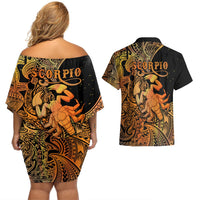 Zodiac Scorpio Couples Matching Off Shoulder Short Dress and Hawaiian Shirt Polynesian in Orange TS04 - Polynesian Pride