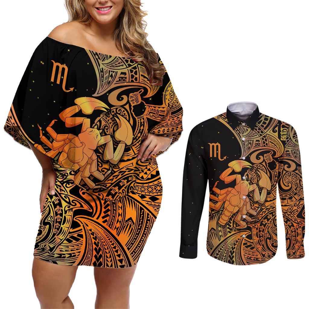 Zodiac Scorpio Couples Matching Off Shoulder Short Dress and Long Sleeve Button Shirts Polynesian in Orange TS04 Orange - Polynesian Pride