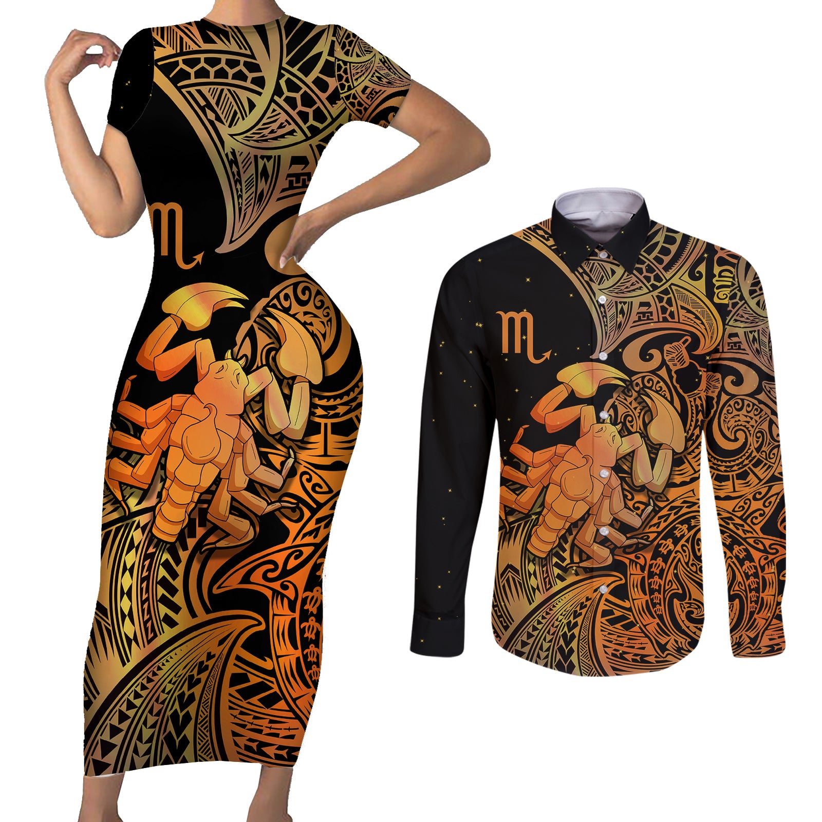 Zodiac Scorpio Couples Matching Short Sleeve Bodycon Dress and Long Sleeve Button Shirts Polynesian in Orange TS04 Orange - Polynesian Pride