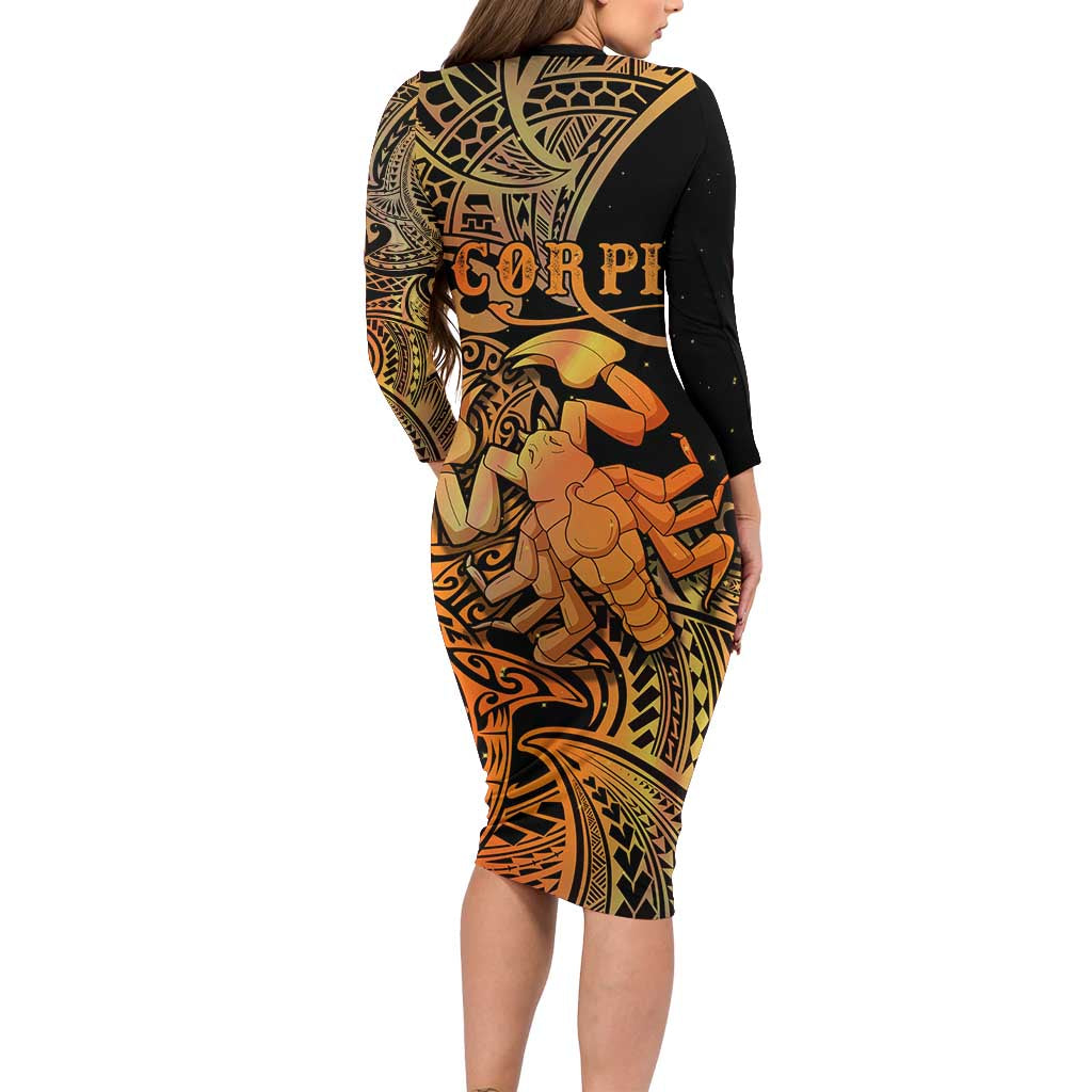 Zodiac Scorpio Long Sleeve Bodycon Dress Polynesian in Orange TS04