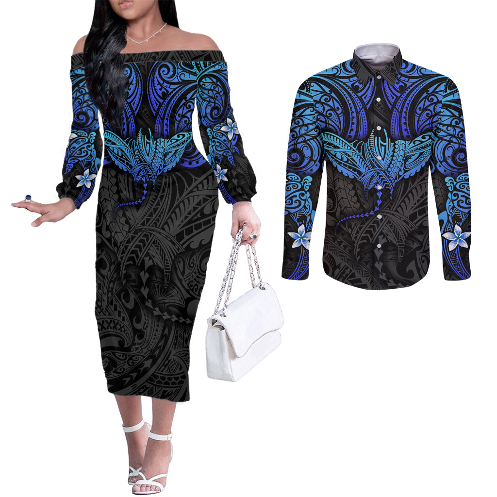 Polynesian Ray Pattern Couples Matching Off The Shoulder Long Sleeve Dress and Long Sleeve Button Shirt TS04 Black Blue - Polynesian Pride
